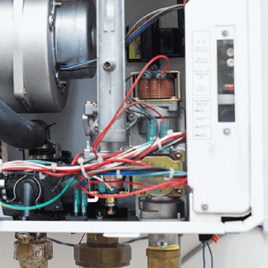 Inside of domestic boiler showing wires